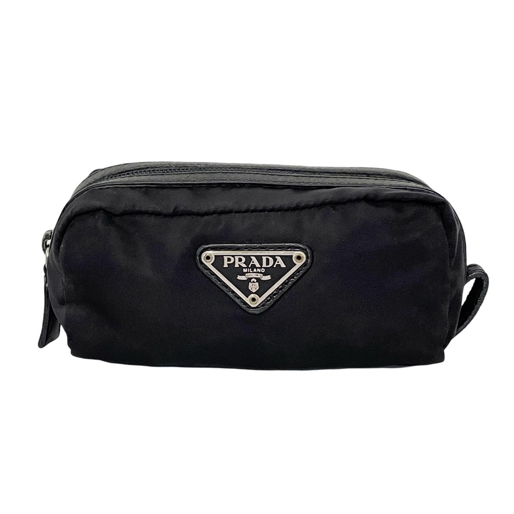 Prada small black nylon triangle logo saffiano zip pouch